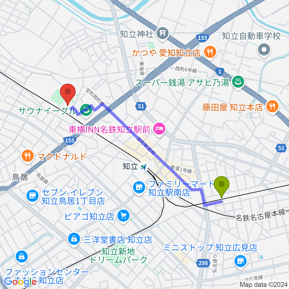 三河知立駅からスギ薬局知立福祉アリーナへのルートマップ地図