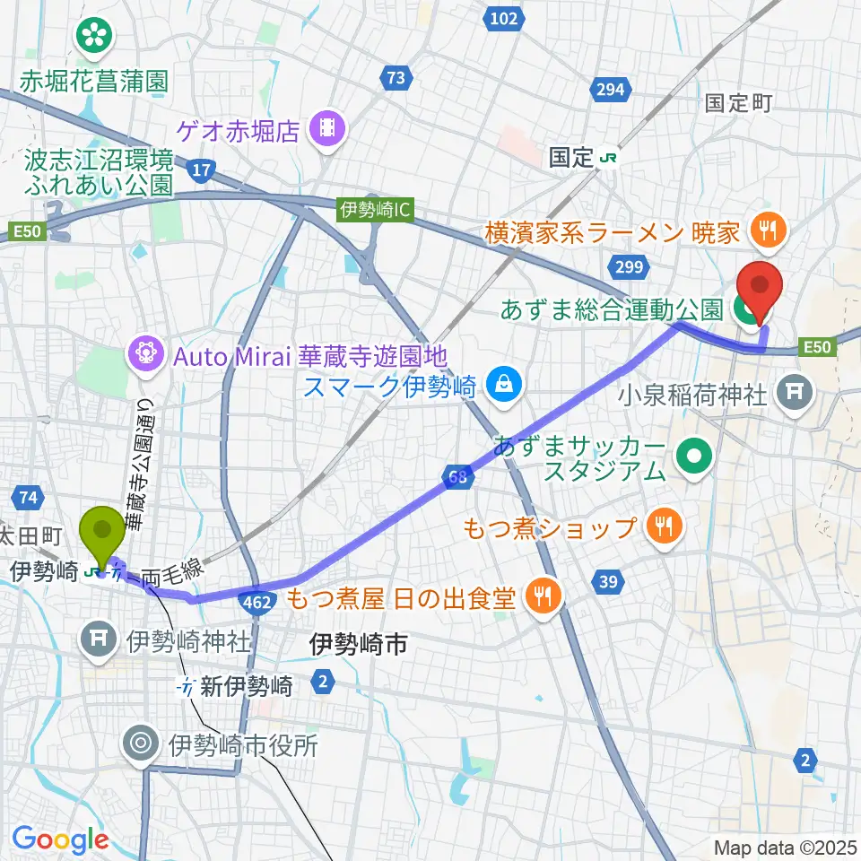 伊勢崎駅から伊勢崎市あずまホールへのルートマップ地図