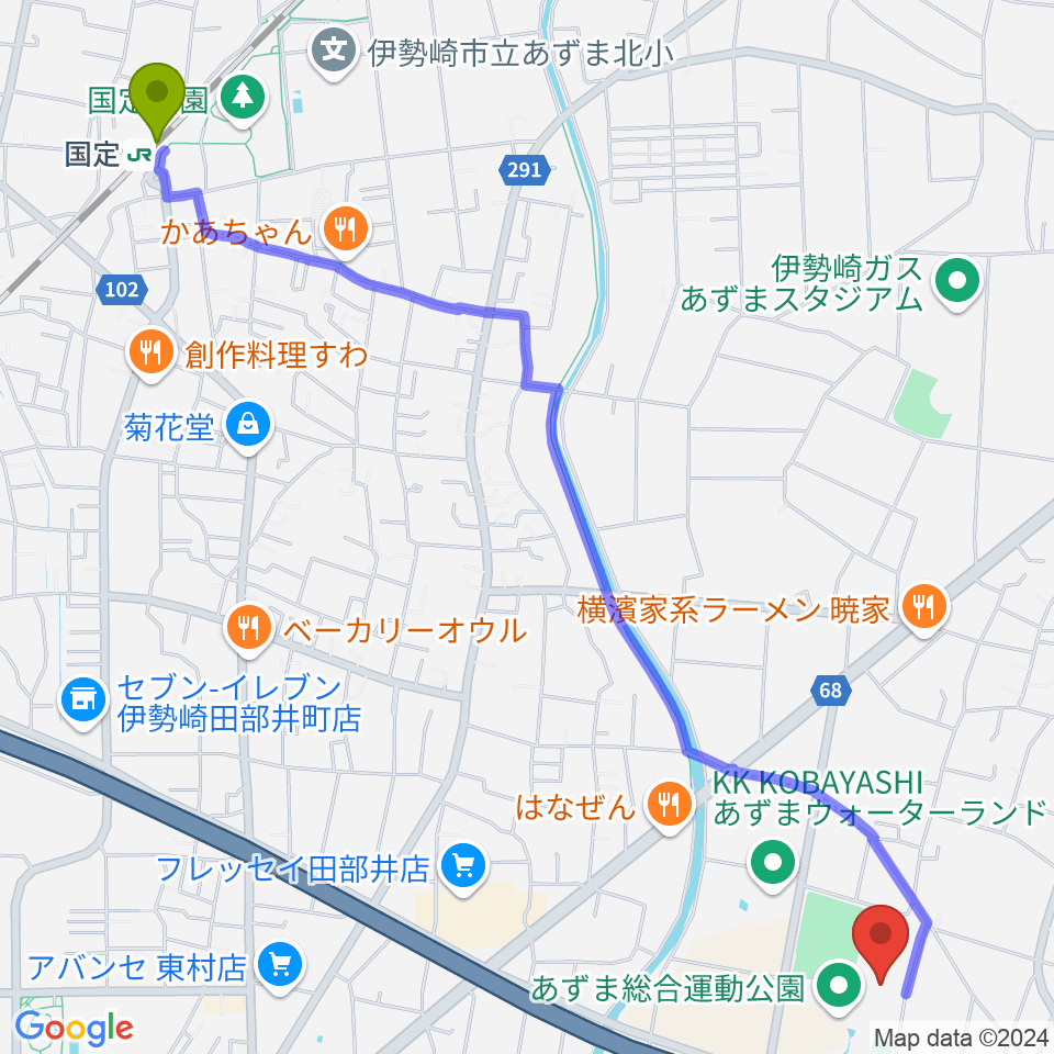 伊勢崎市あずまホールの最寄駅国定駅からの徒歩ルート（約32分）地図