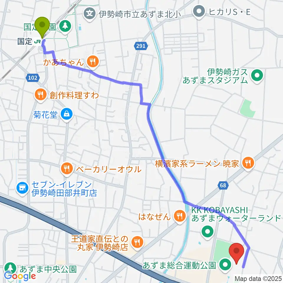 伊勢崎市あずまホールの最寄駅国定駅からの徒歩ルート（約32分）地図