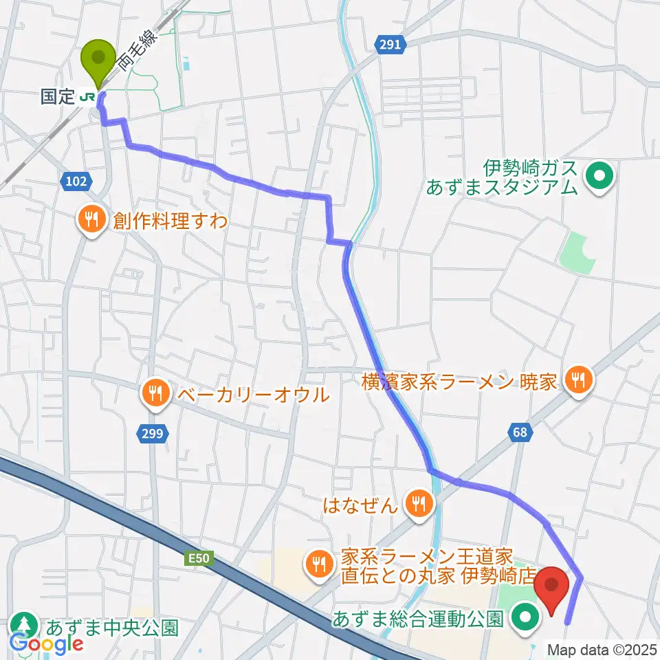 伊勢崎市あずまホールの最寄駅国定駅からの徒歩ルート（約32分）地図