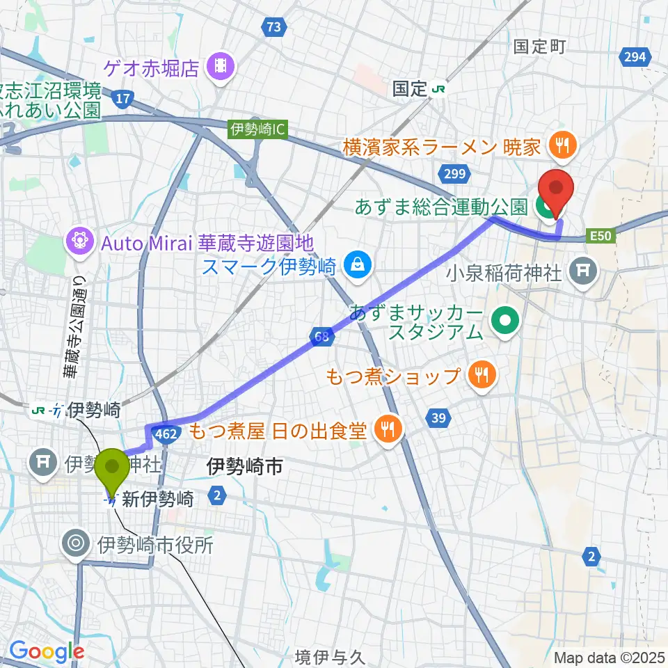 新伊勢崎駅から伊勢崎市あずまホールへのルートマップ地図