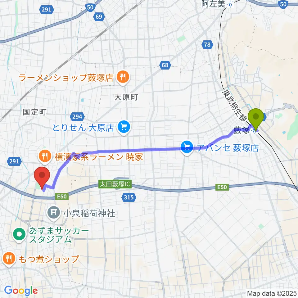 藪塚駅から伊勢崎市あずまホールへのルートマップ地図