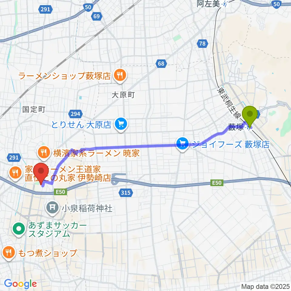 藪塚駅から伊勢崎市あずまホールへのルートマップ地図