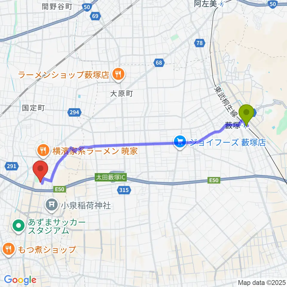 藪塚駅から伊勢崎市あずまホールへのルートマップ地図