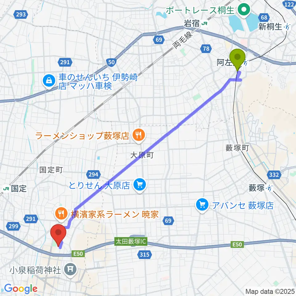 阿左美駅から伊勢崎市あずまホールへのルートマップ地図