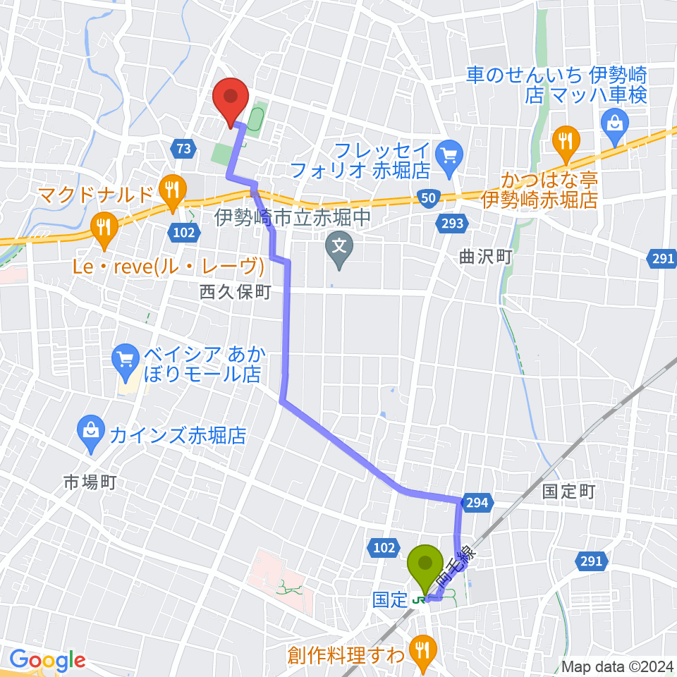 赤堀芸術文化プラザの最寄駅国定駅からの徒歩ルート（約46分）地図