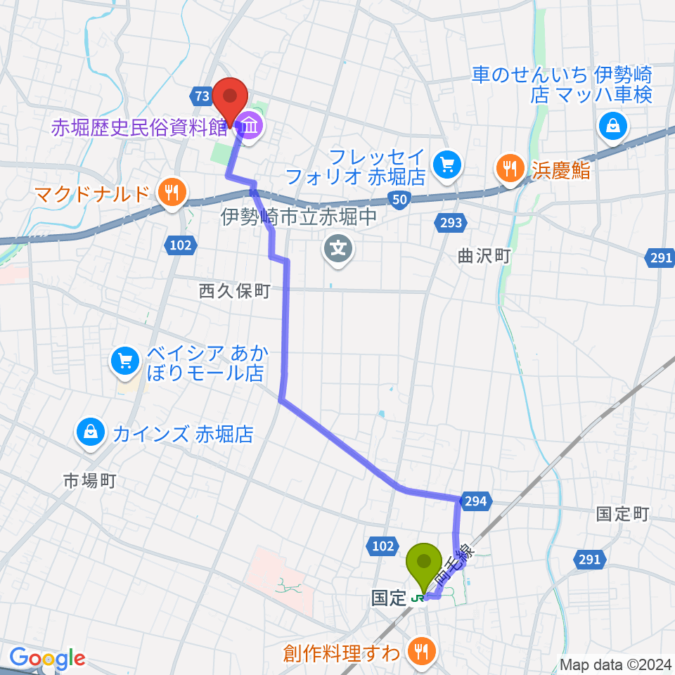 赤堀芸術文化プラザの最寄駅国定駅からの徒歩ルート（約46分）地図