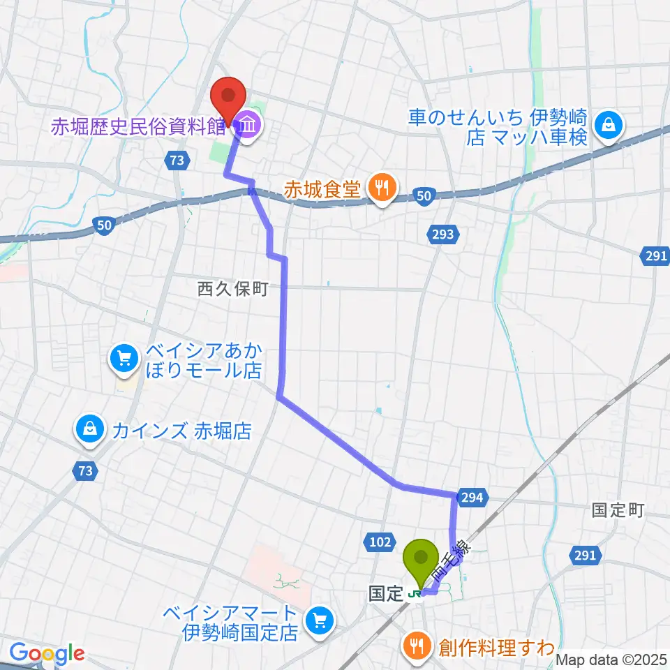 赤堀芸術文化プラザの最寄駅国定駅からの徒歩ルート（約46分）地図