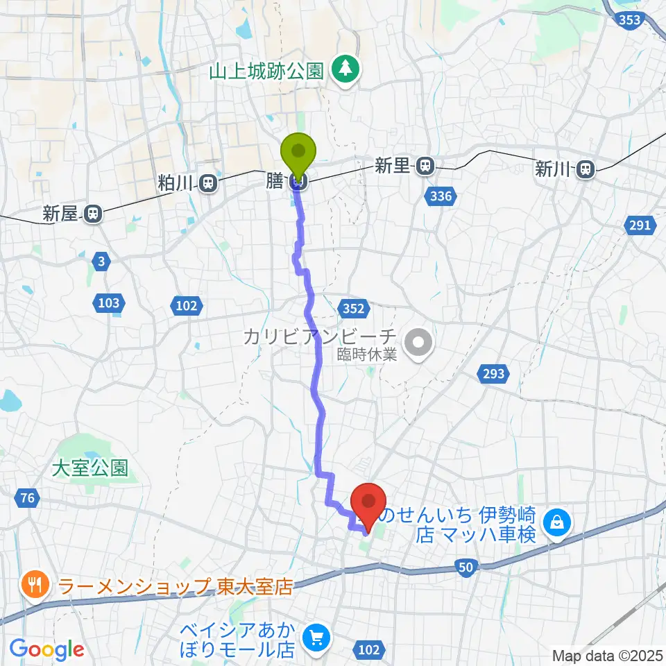 膳駅から赤堀芸術文化プラザへのルートマップ地図