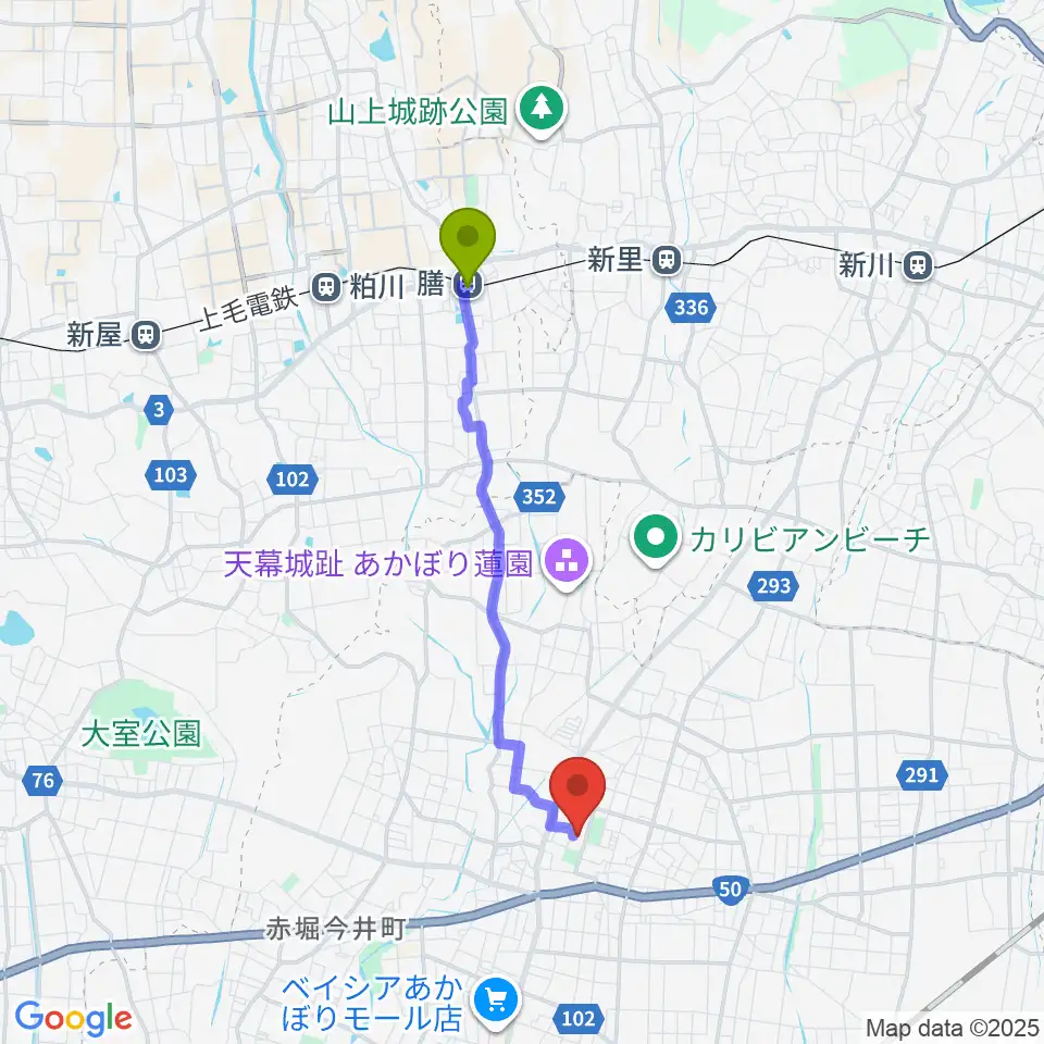 膳駅から赤堀芸術文化プラザへのルートマップ地図