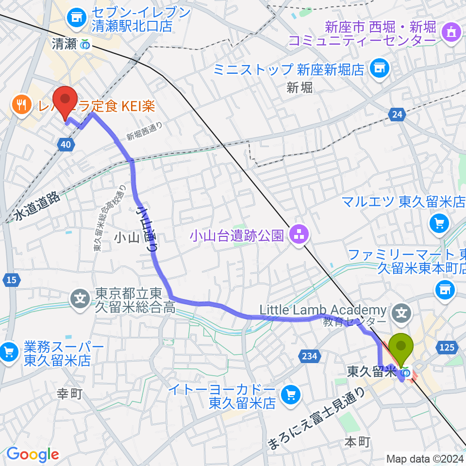 東久留米駅からStudio Winへのルートマップ地図