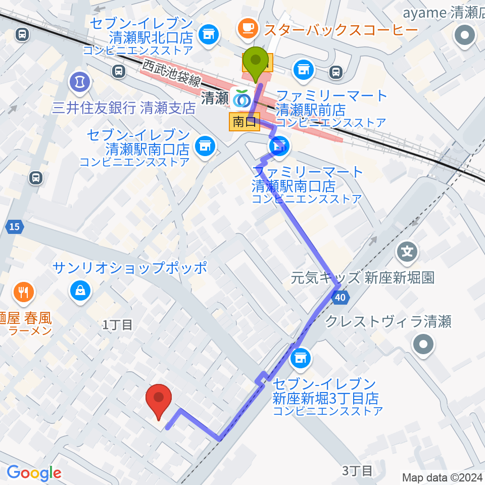 Studio Winの最寄駅清瀬駅からの徒歩ルート（約6分）地図