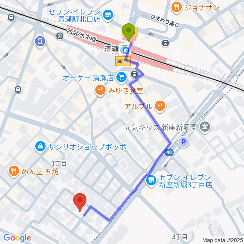 Studio Winの最寄駅清瀬駅からの徒歩ルート（約6分）地図