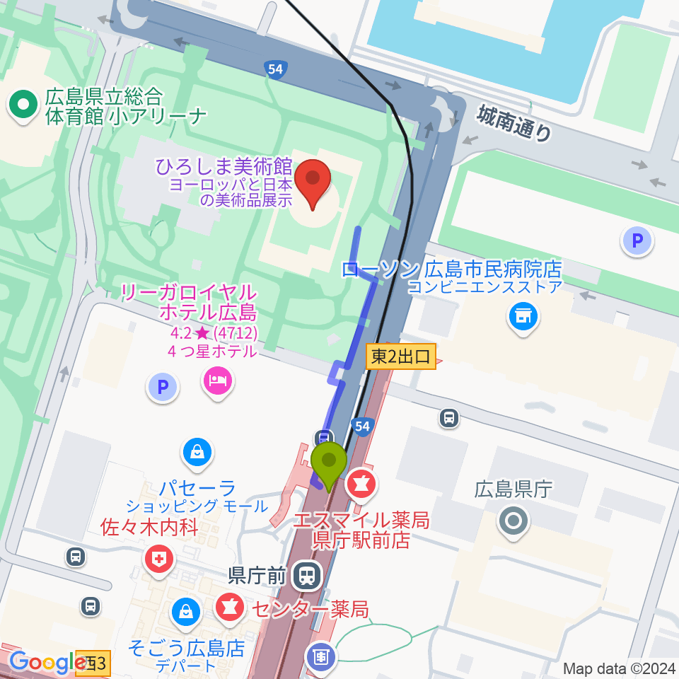 ひろしま美術館の最寄駅県庁前駅からの徒歩ルート（約3分）地図