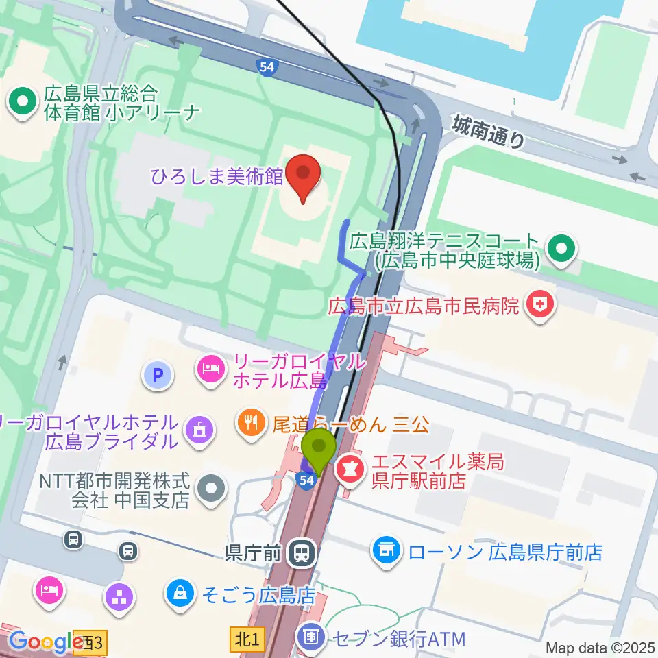 ひろしま美術館の最寄駅県庁前駅からの徒歩ルート（約3分）地図
