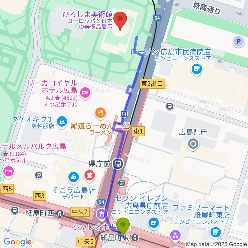 紙屋町東駅からひろしま美術館へのルートマップ地図