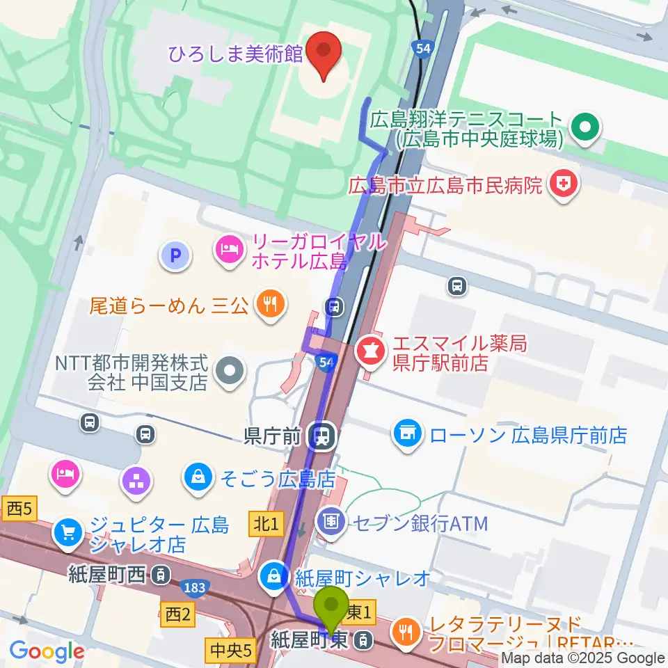 紙屋町東駅からひろしま美術館へのルートマップ地図