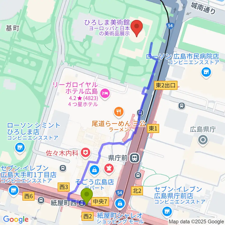 紙屋町西駅からひろしま美術館へのルートマップ地図