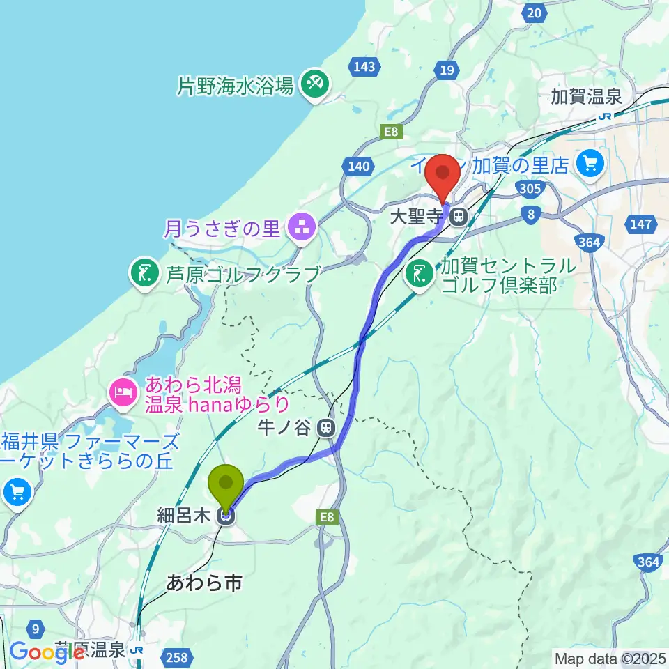 細呂木駅から石川県九谷焼美術館へのルートマップ地図