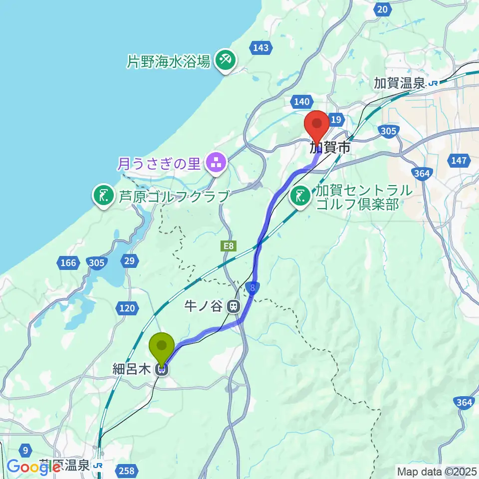 細呂木駅から石川県九谷焼美術館へのルートマップ地図