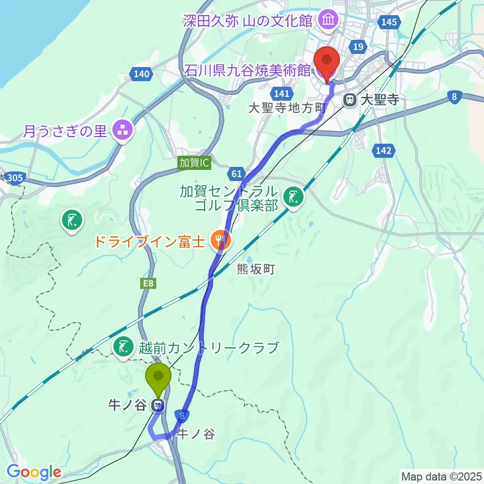 牛ノ谷駅から石川県九谷焼美術館へのルートマップ地図