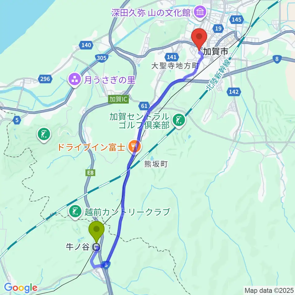 牛ノ谷駅から石川県九谷焼美術館へのルートマップ地図