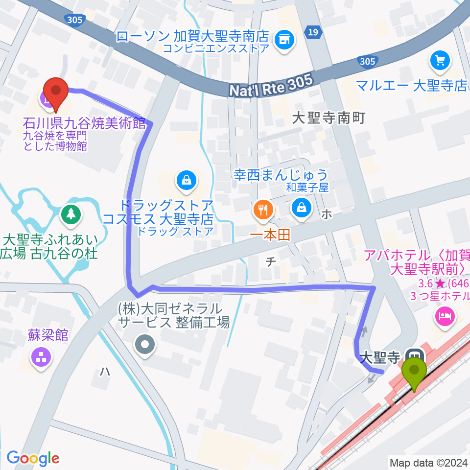 石川県九谷焼美術館の最寄駅大聖寺駅からの徒歩ルート（約7分）地図