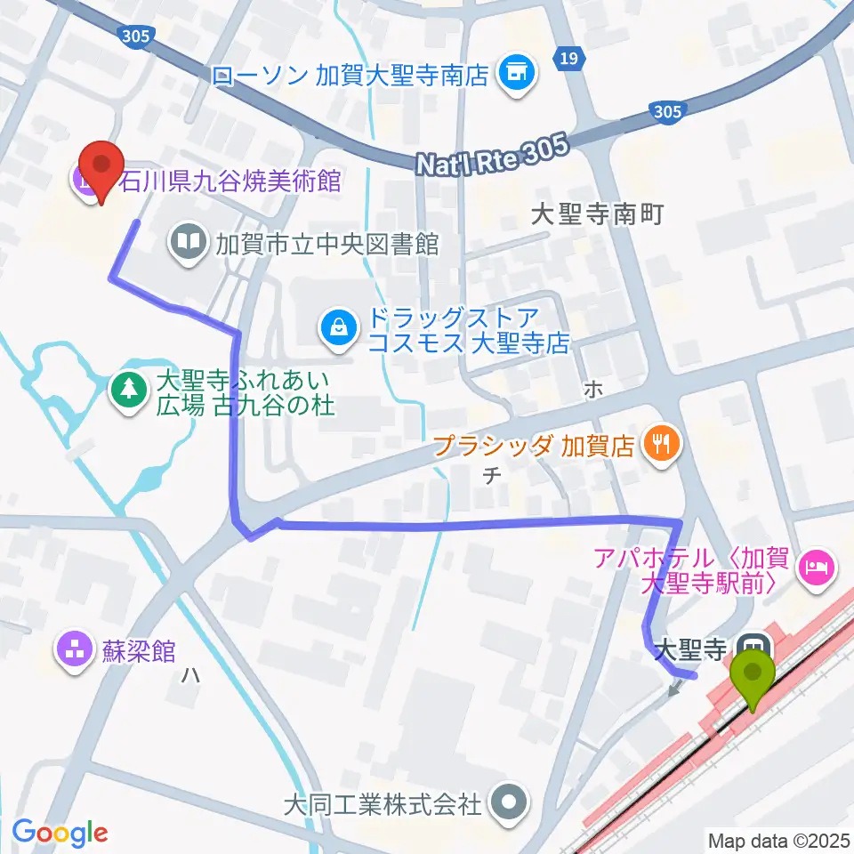 石川県九谷焼美術館の最寄駅大聖寺駅からの徒歩ルート（約7分）地図