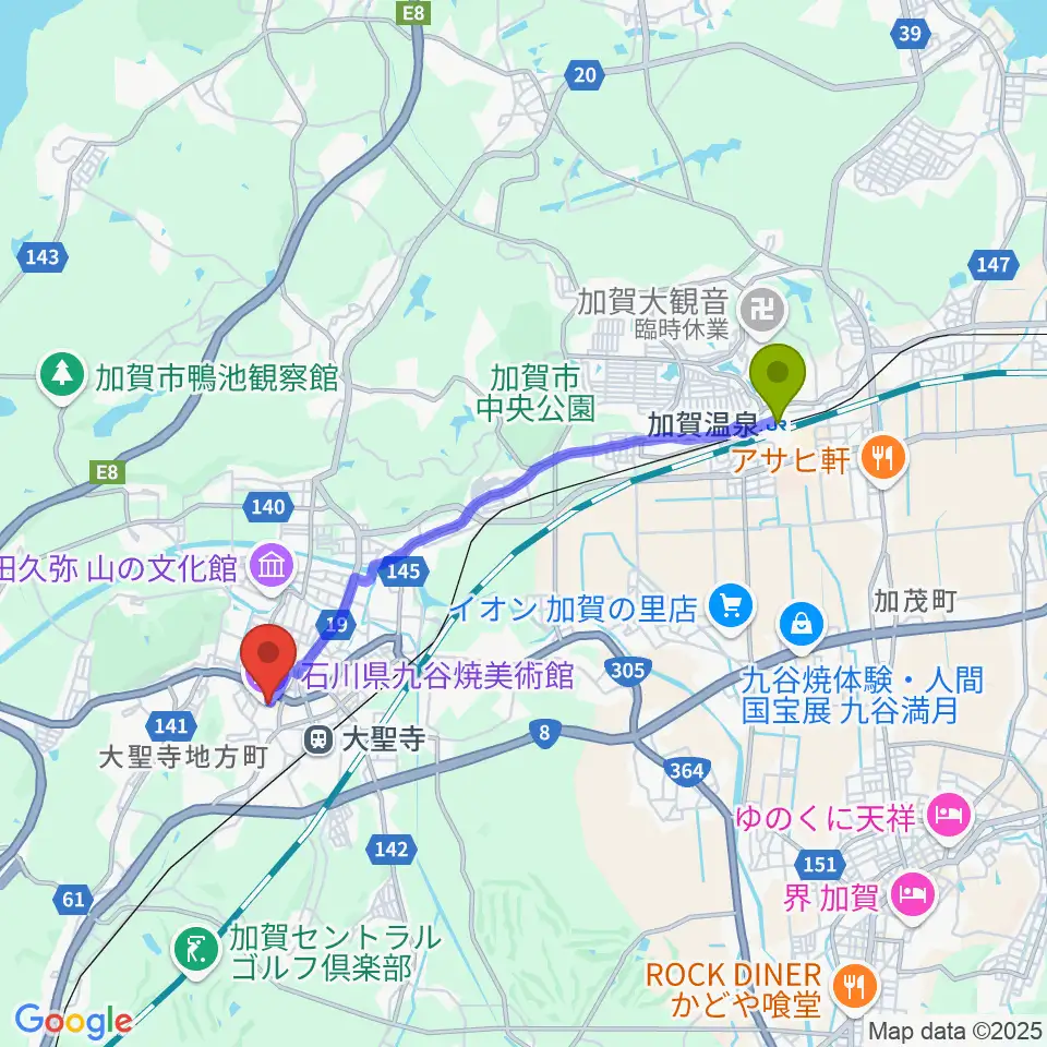 加賀温泉駅から石川県九谷焼美術館へのルートマップ地図