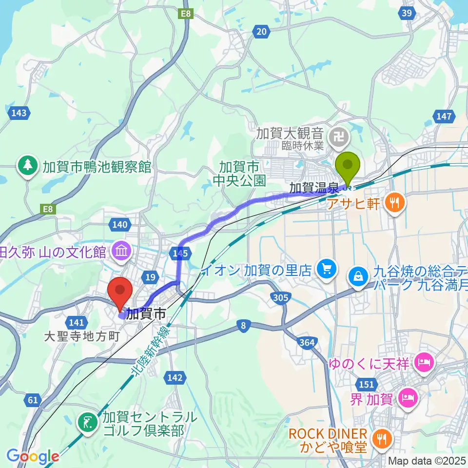 加賀温泉駅から石川県九谷焼美術館へのルートマップ地図