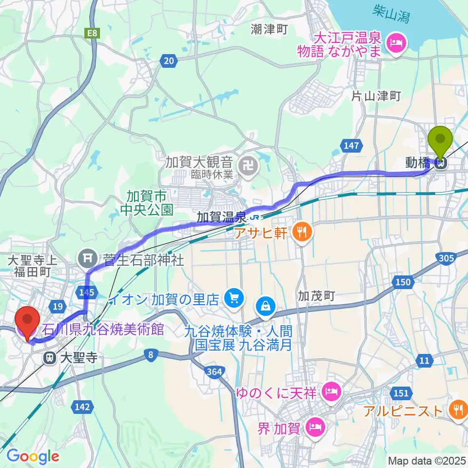 動橋駅から石川県九谷焼美術館へのルートマップ地図