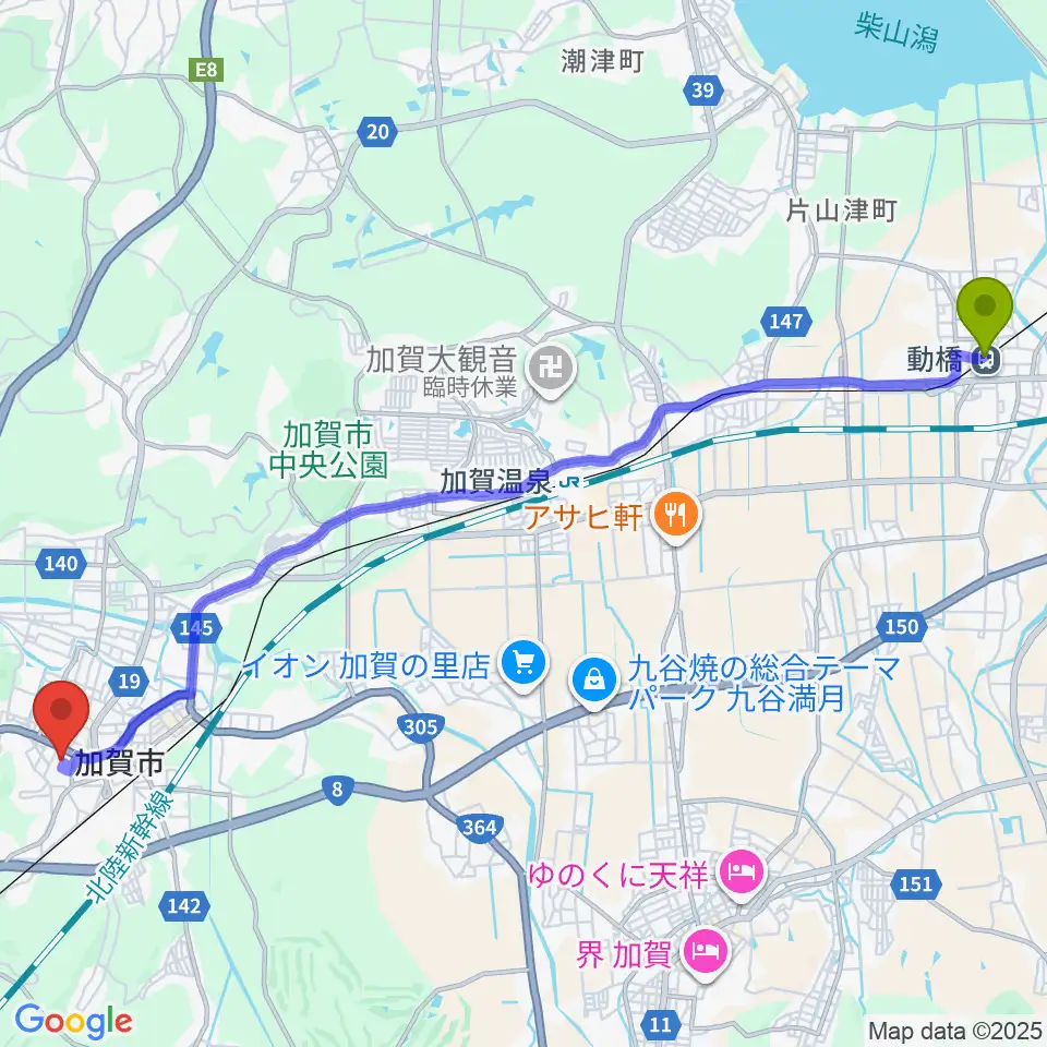 動橋駅から石川県九谷焼美術館へのルートマップ地図