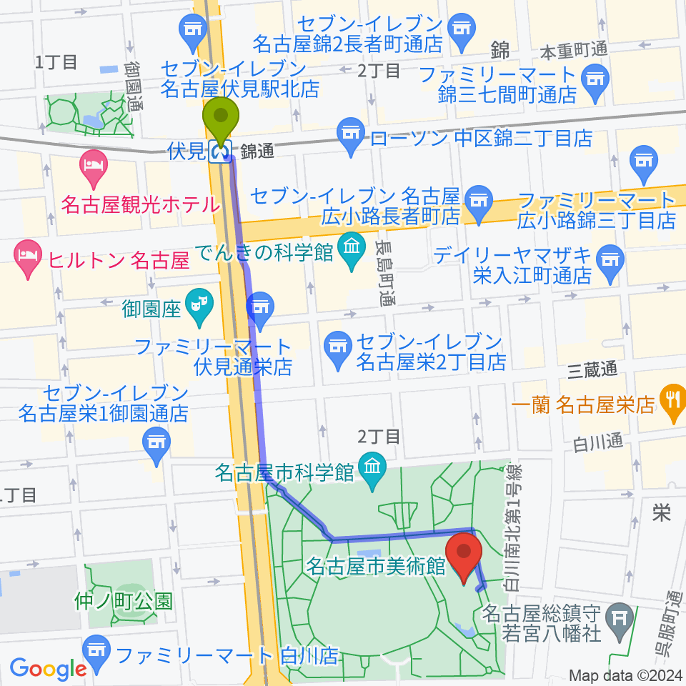 伏見駅から名古屋市美術館へのルートマップ地図