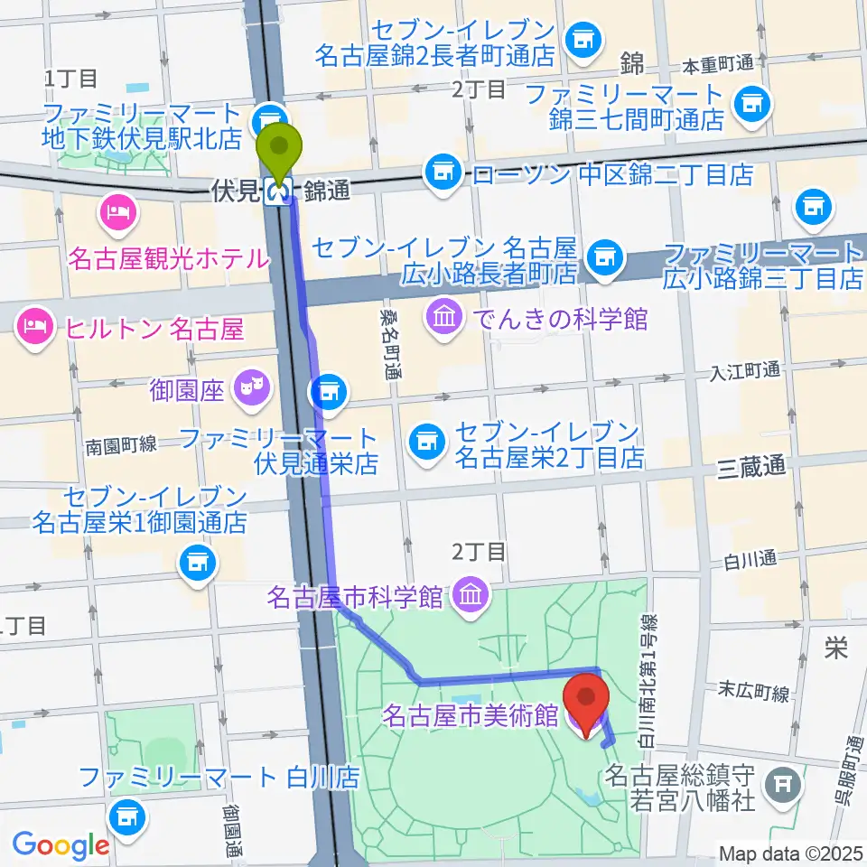 伏見駅から名古屋市美術館へのルートマップ地図