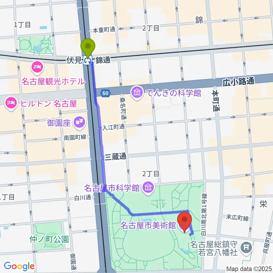 伏見駅から名古屋市美術館へのルートマップ地図