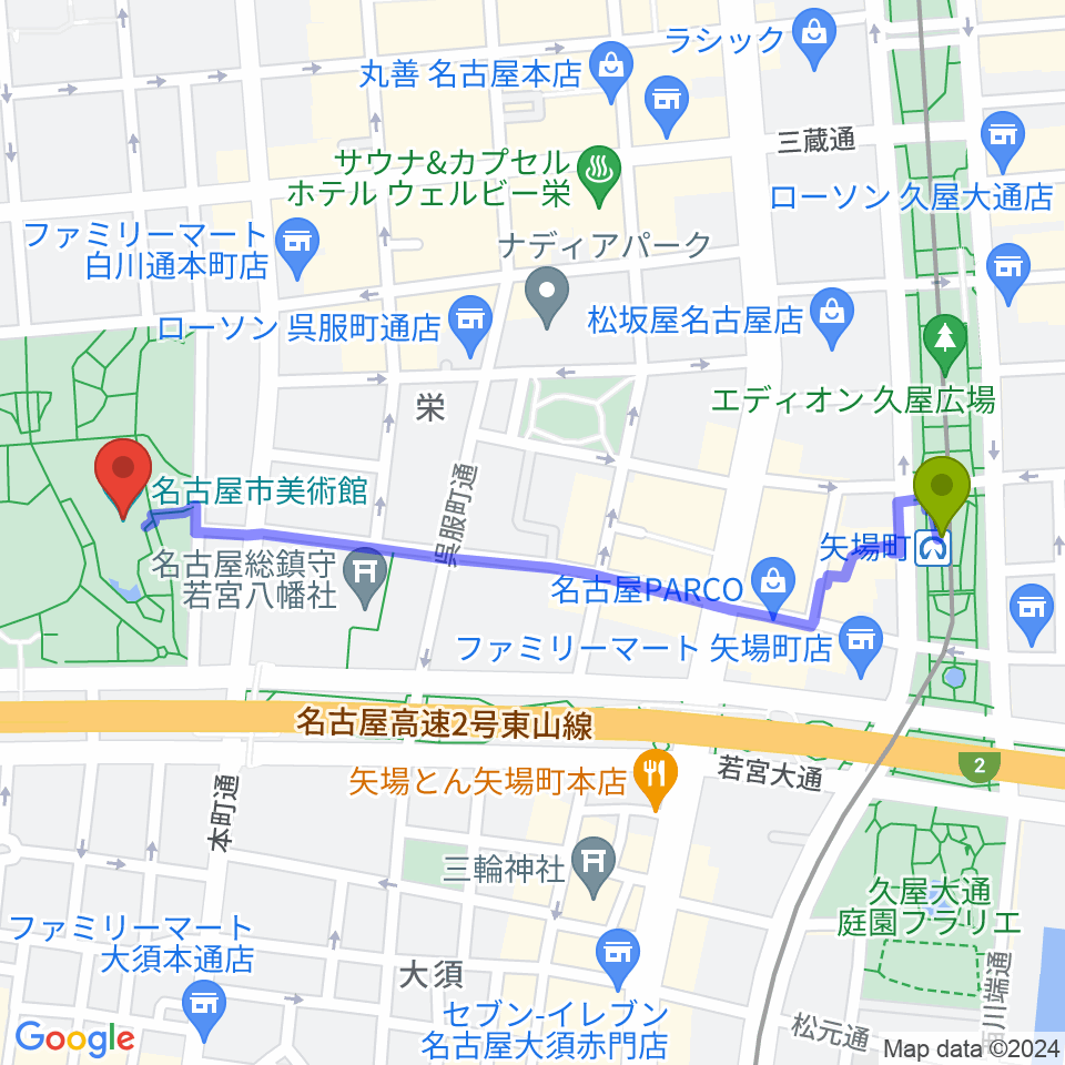 矢場町駅から名古屋市美術館へのルートマップ地図