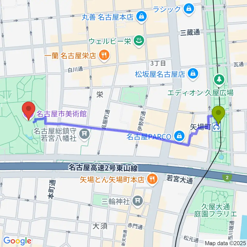 矢場町駅から名古屋市美術館へのルートマップ地図
