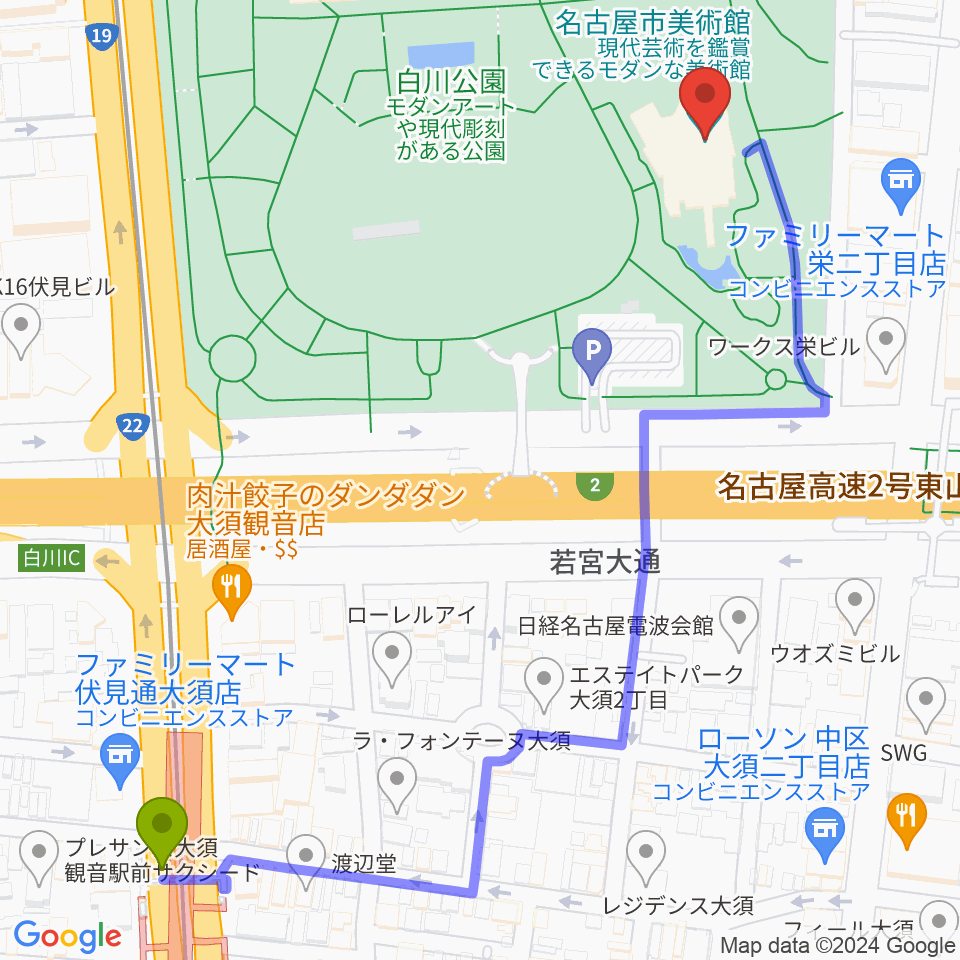 名古屋市美術館の最寄駅大須観音駅からの徒歩ルート（約7分）地図