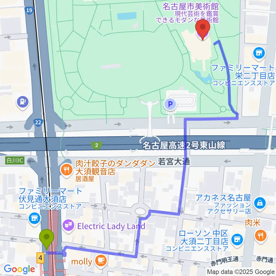 名古屋市美術館の最寄駅大須観音駅からの徒歩ルート（約7分）地図