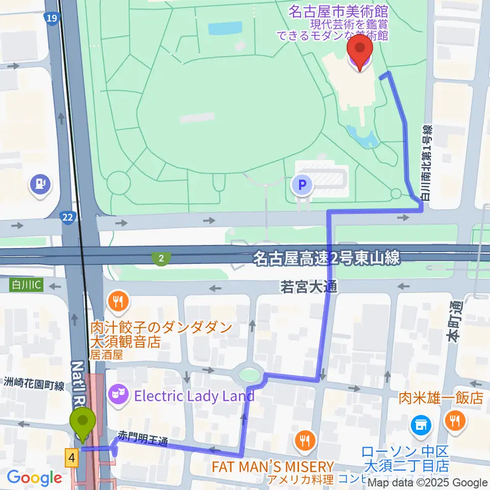 名古屋市美術館の最寄駅大須観音駅からの徒歩ルート（約7分）地図