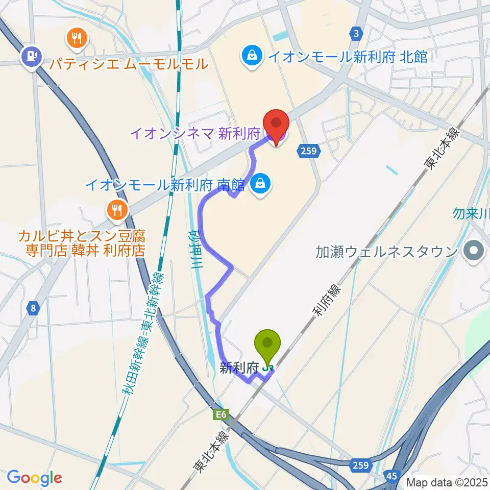 イオンシネマ新利府の最寄駅新利府駅からの徒歩ルート（約13分）地図