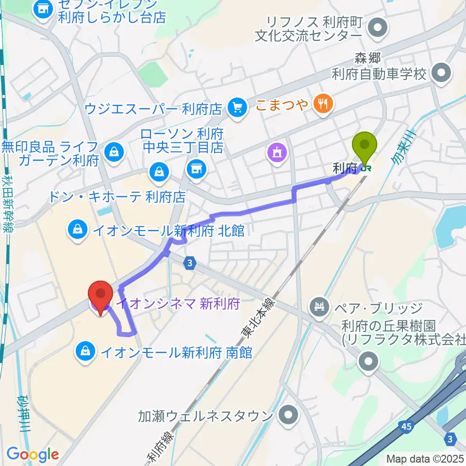 利府駅からイオンシネマ新利府へのルートマップ地図