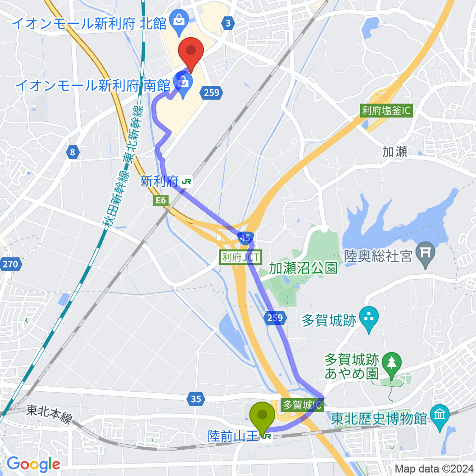陸前山王駅からイオンシネマ新利府へのルートマップ地図