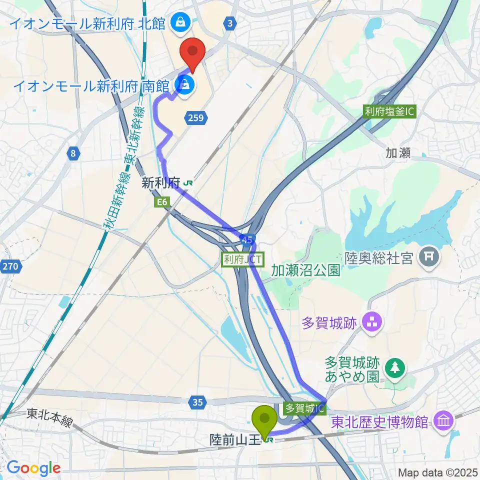 陸前山王駅からイオンシネマ新利府へのルートマップ地図