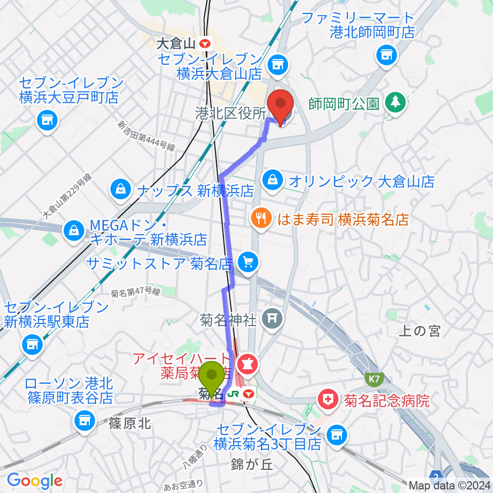 菊名駅から横浜市港北公会堂へのルートマップ地図