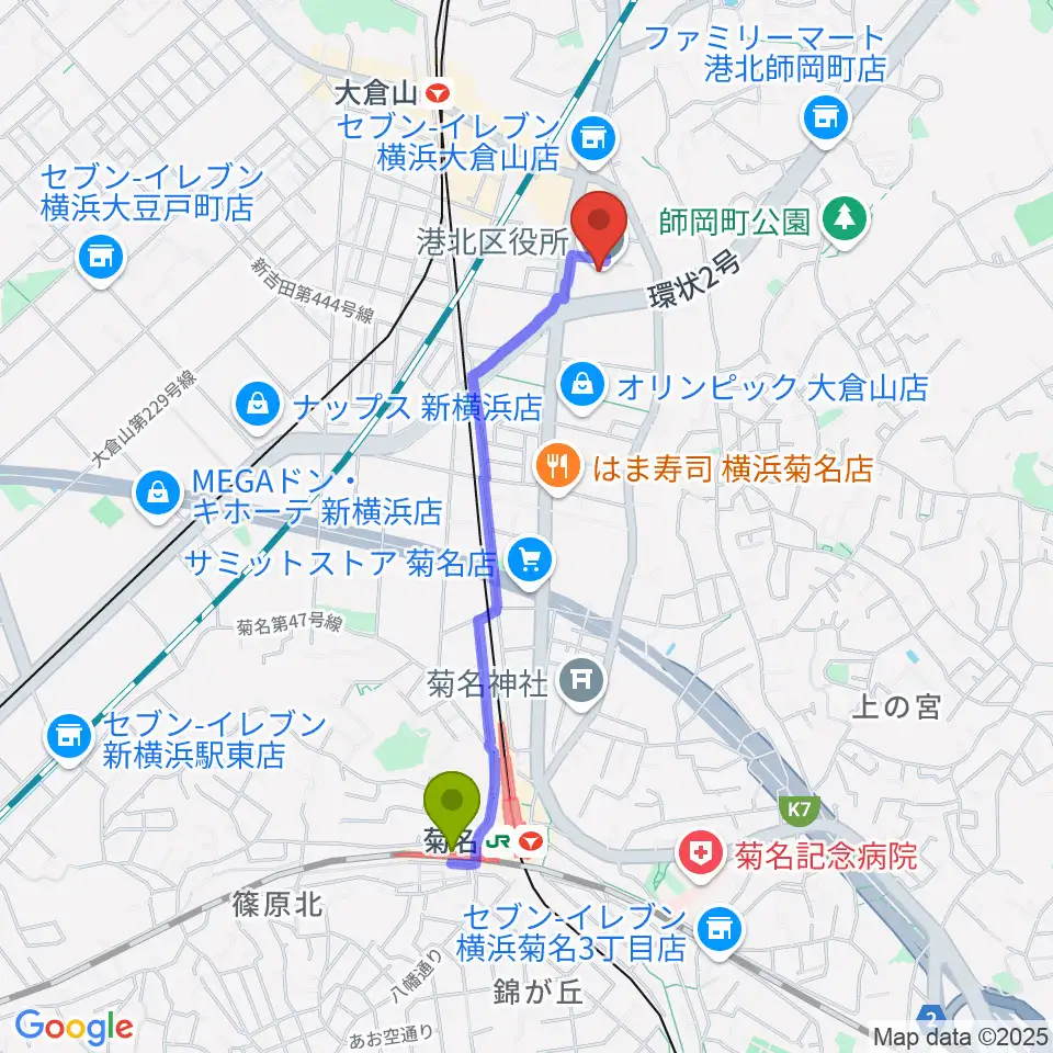 菊名駅から横浜市港北公会堂へのルートマップ地図