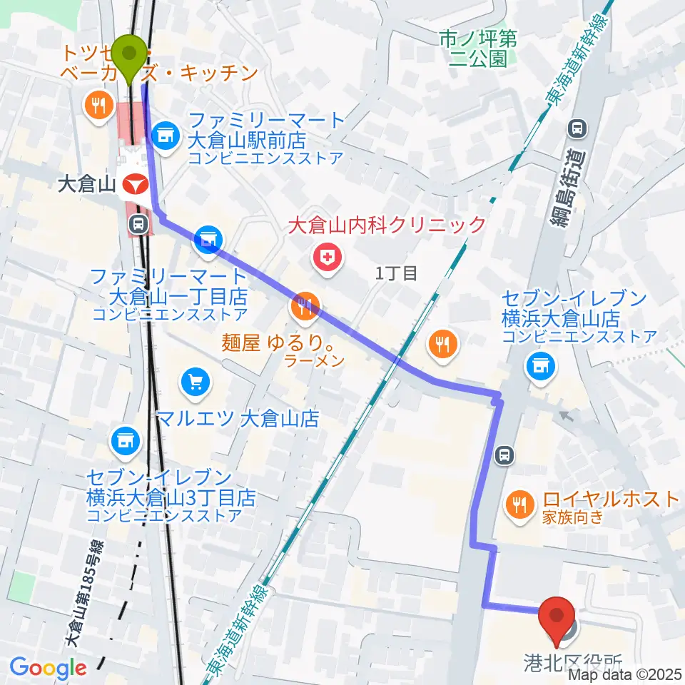 横浜市港北公会堂の最寄駅大倉山駅からの徒歩ルート（約8分）地図