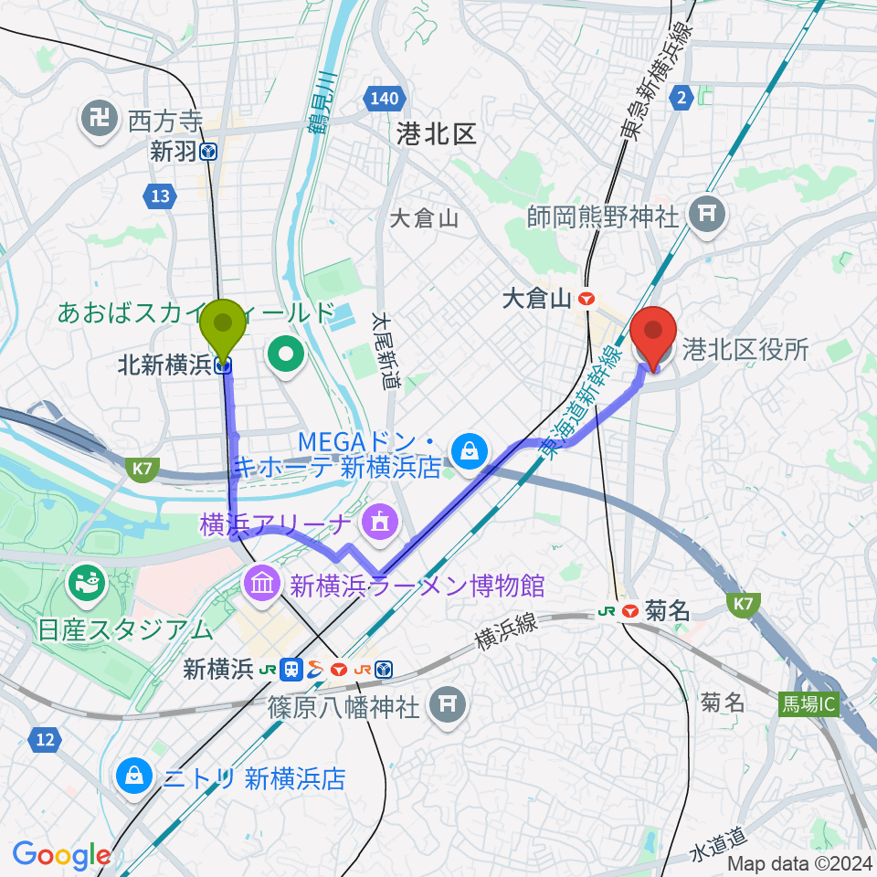 北新横浜駅から横浜市港北公会堂へのルートマップ地図