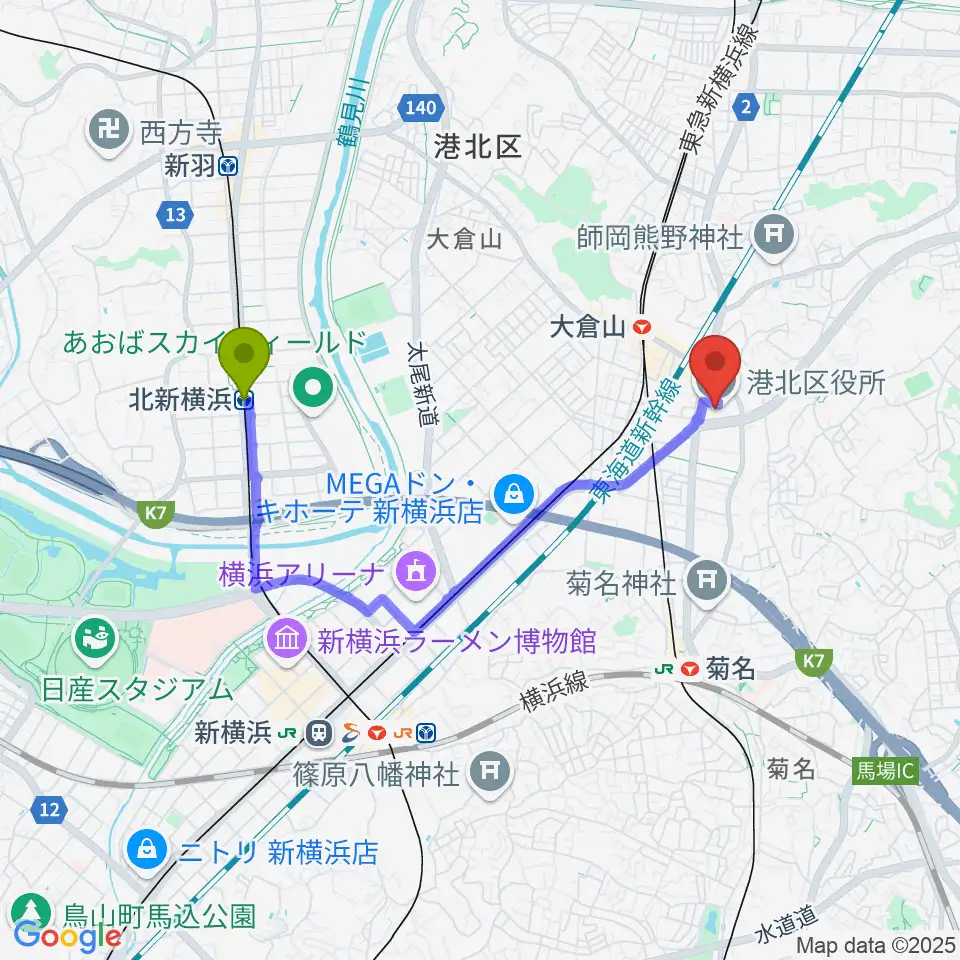 北新横浜駅から横浜市港北公会堂へのルートマップ地図